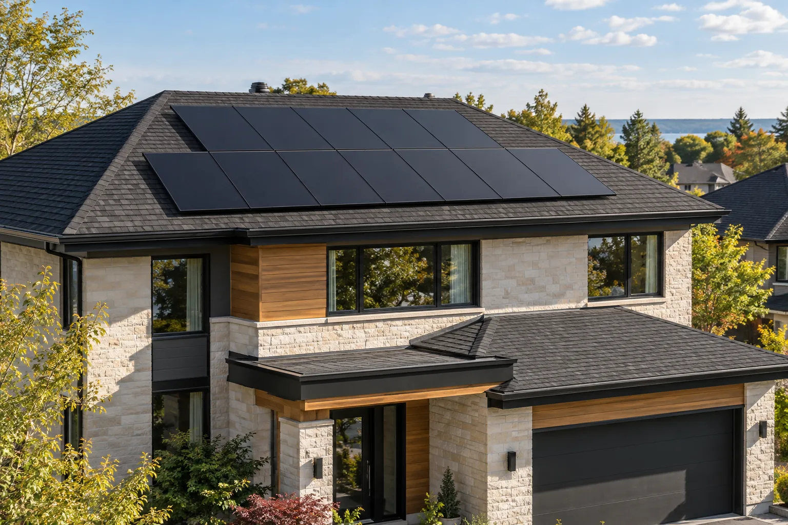 Concept illustration of a Canadian home with a dark rooftop solar array